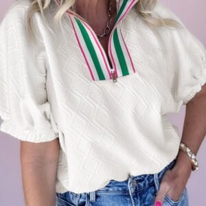 White Contrast Striped Collar Patchwork Textured Half Sleeve Blouse