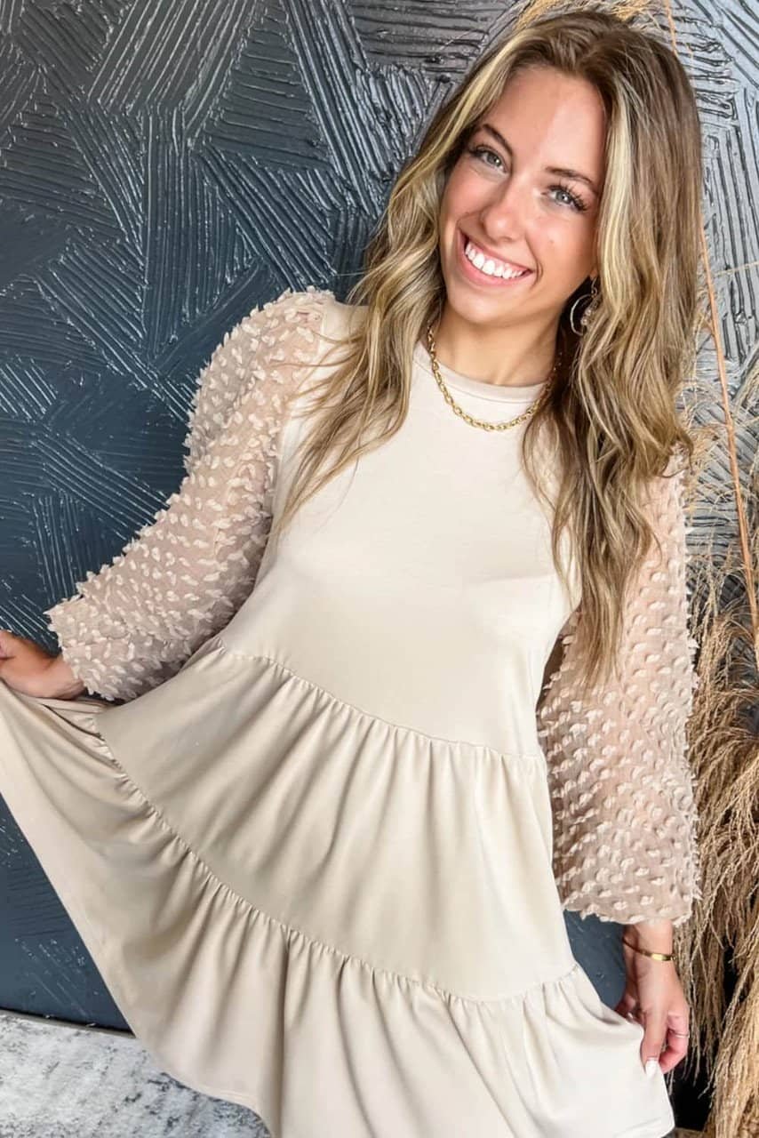 Beige Embellished Puff Sleeve Tiered A-Line Dress