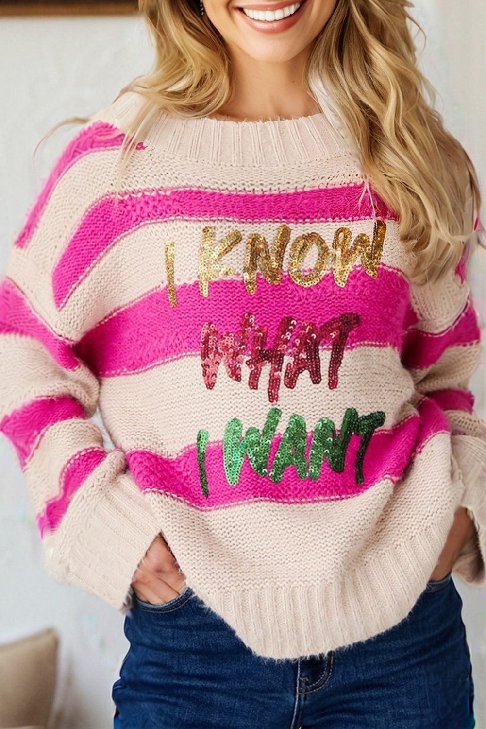 Rose Red I Know Waht I Wat Sequin Letter Graphic Colorblock Loose Sweater