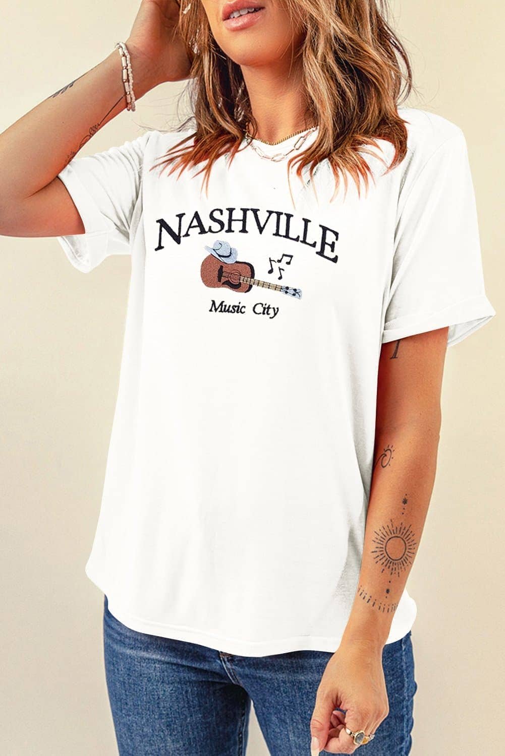 White Guitar Nashville Music City Print Crewneck Tee