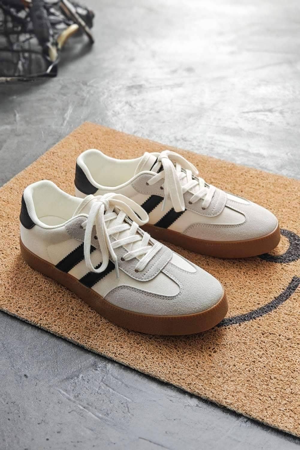 White Striped Lace-Up Flat Sneakers
