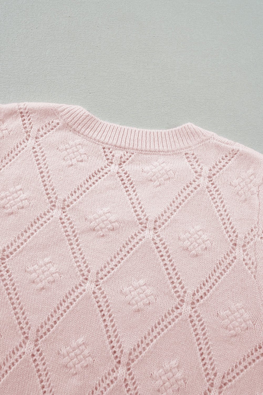 Gossamer Pink Openwork Plaid Puff Sleeve Cropped Sweater