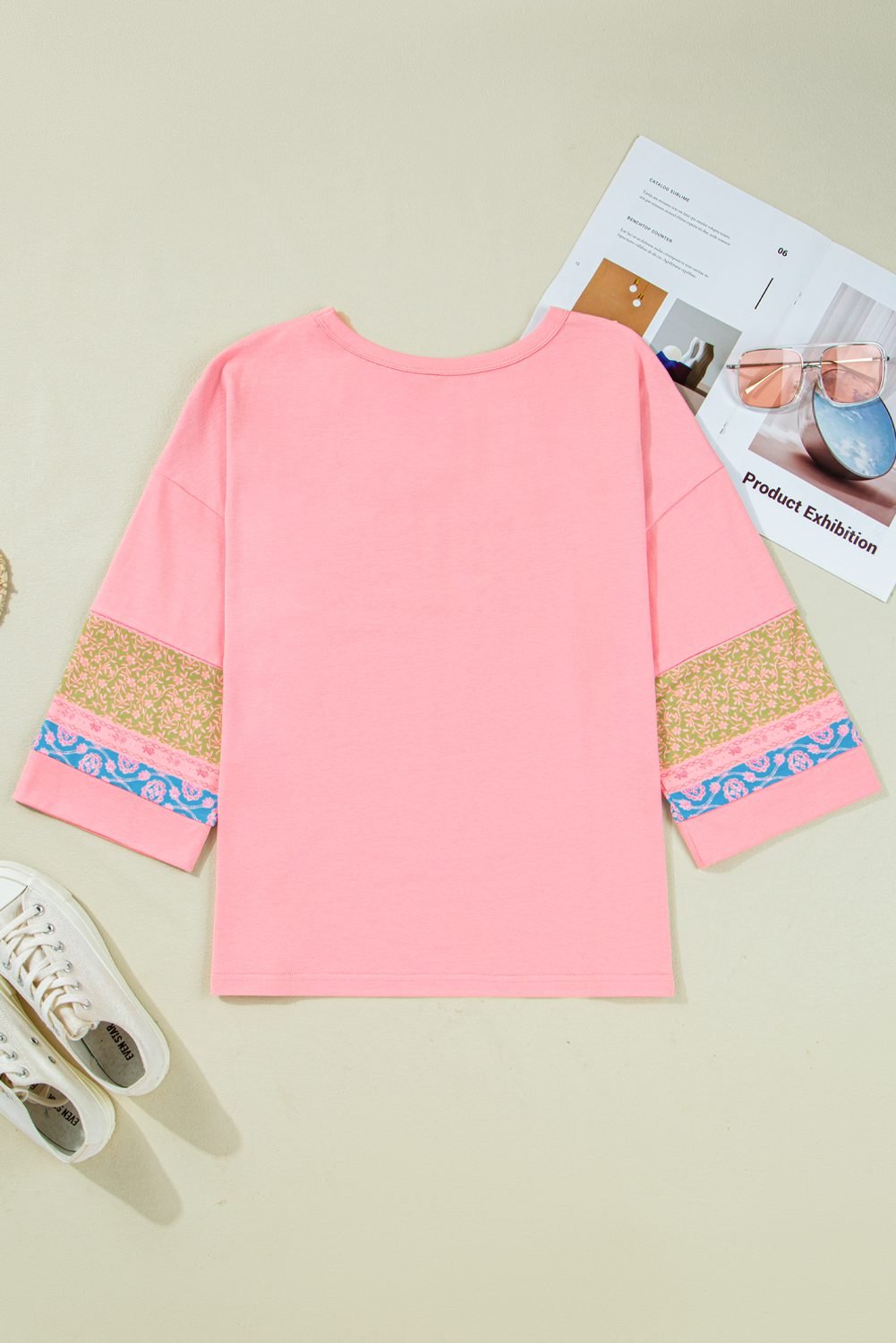 Gossamer Pink Floral Color Block Patchwork Long Sleeve Top