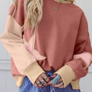 Rose Pink Contrast Star Patchwork Exposed Seam Uneven Hem Drop Shoulder Sweatshirt