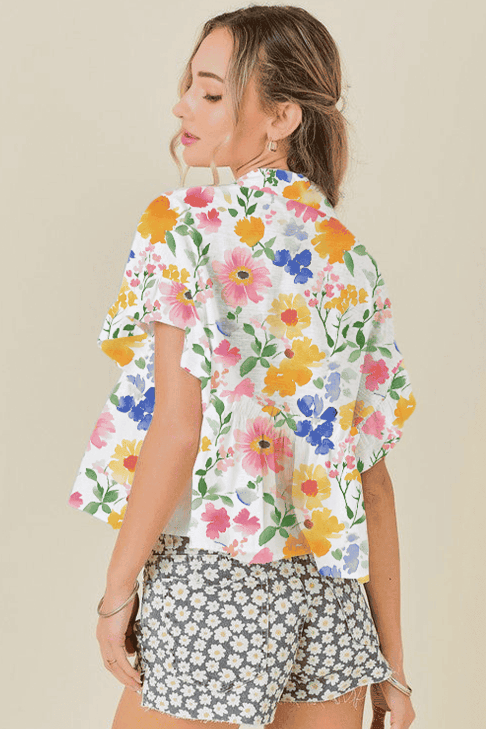 Yellow Floral Boxy Fit Ruffled Short Sleeve V Neck Blouse