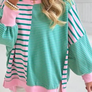 Green Stripe Mix Pattern Color Block Patchwork Side Slit Baggy Sweatshirt