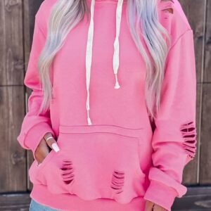 Pink Shabby Distressed Drawstring Hoodie