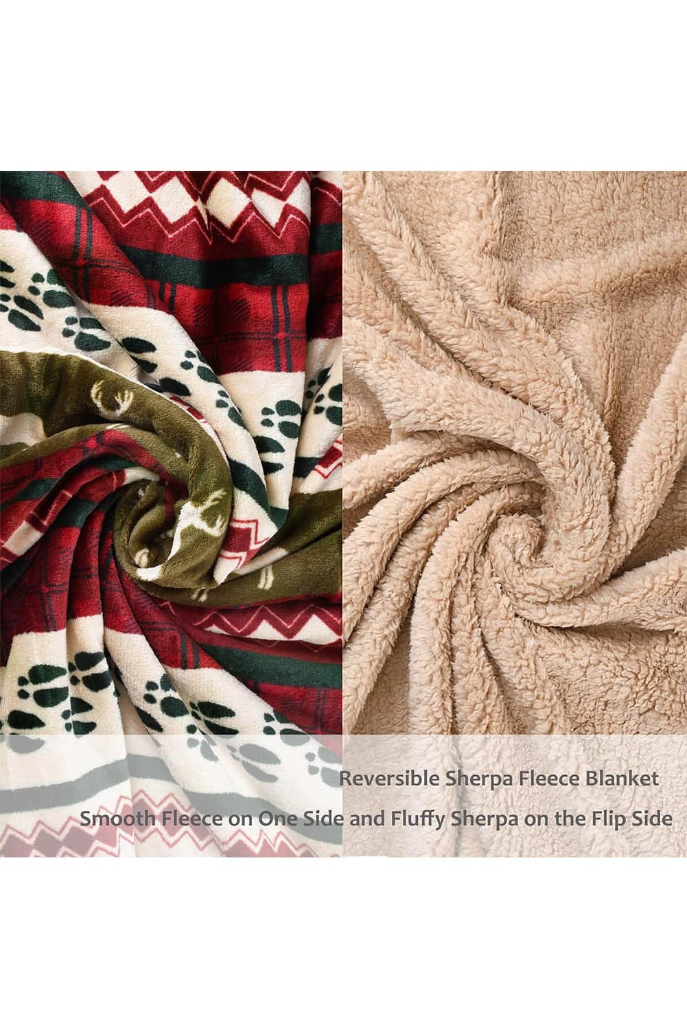 Dark Green Christmas Elk Print Reversible Sherpa Fleece Blanket 130*150Cm
