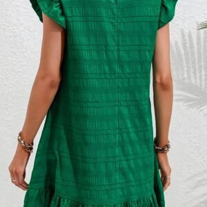 Dark Green Textured Flutter Sleeve Ruffled Mini Dress