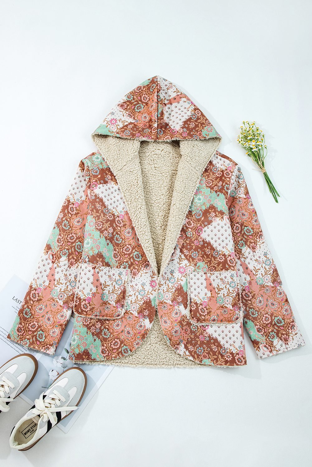 Khaki Vintage Floral Printed Sherpa Lined Hooded Jacket