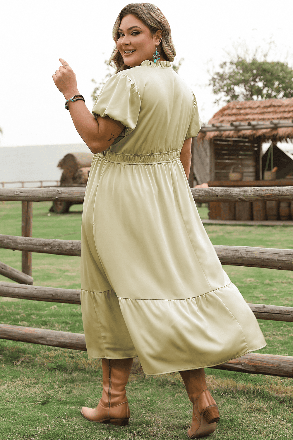 Laurel Green Notched V Neck Puff Sleeve Tiered Plus Size Maxi Dress