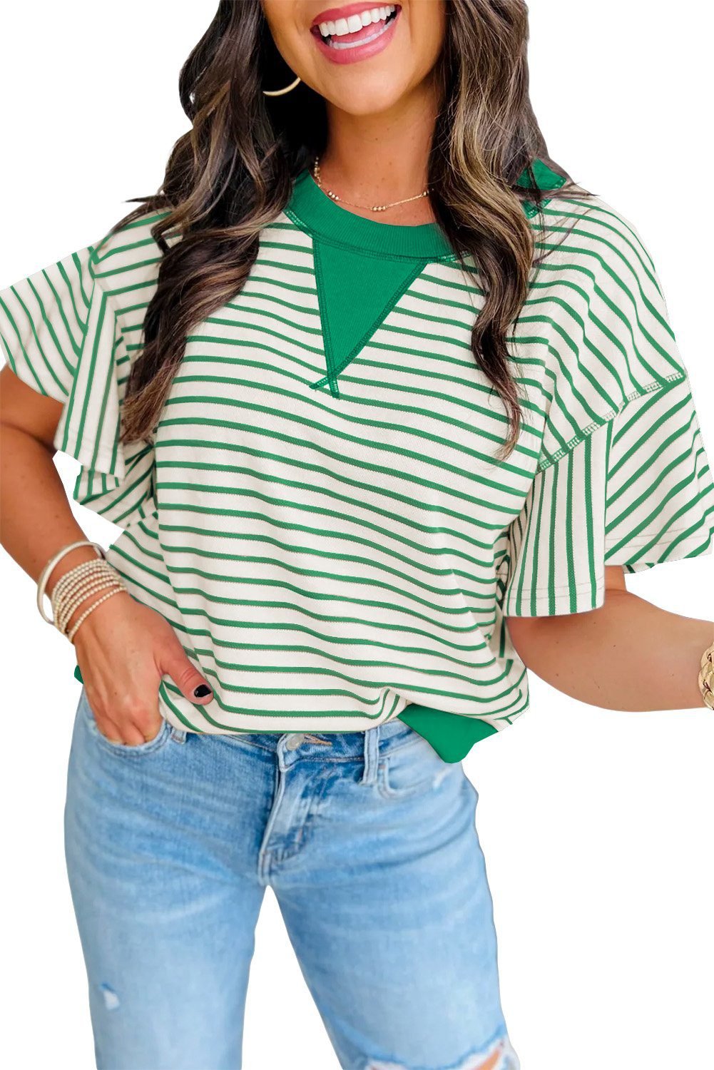 Bright Green Contrast Detail Striped Ruffle Short Sleeve Top