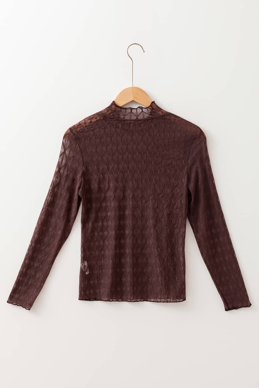 Coffee Sheer Mesh Patterned Lettuce Trim Slim Long Sleeve Top