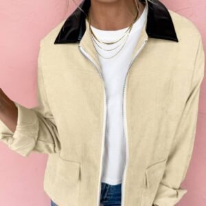 Parchment Contrast Leather Collar Textured Zip Up Jacket