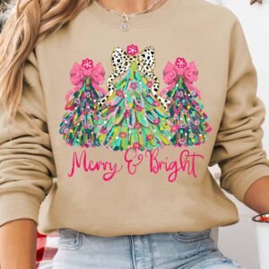 Khaki Merry & Bright Christmas Tree Print Pullover Sweatshirt
