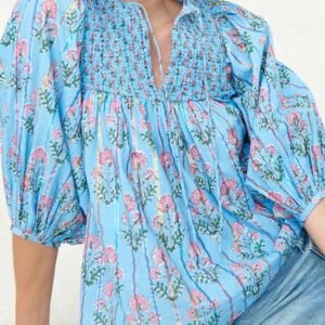 Sky Blue Floral Striped Print Shirred Yoke Split Neck Blouse