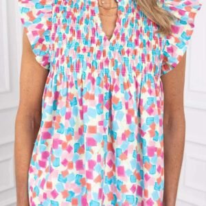 Sky Blue Shirred Yoke Ruffled Abstract Printed Blouse