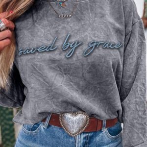 High-Rise Saved By Grace Letter Embroidery Mineral Wash Loose Sweatshirt