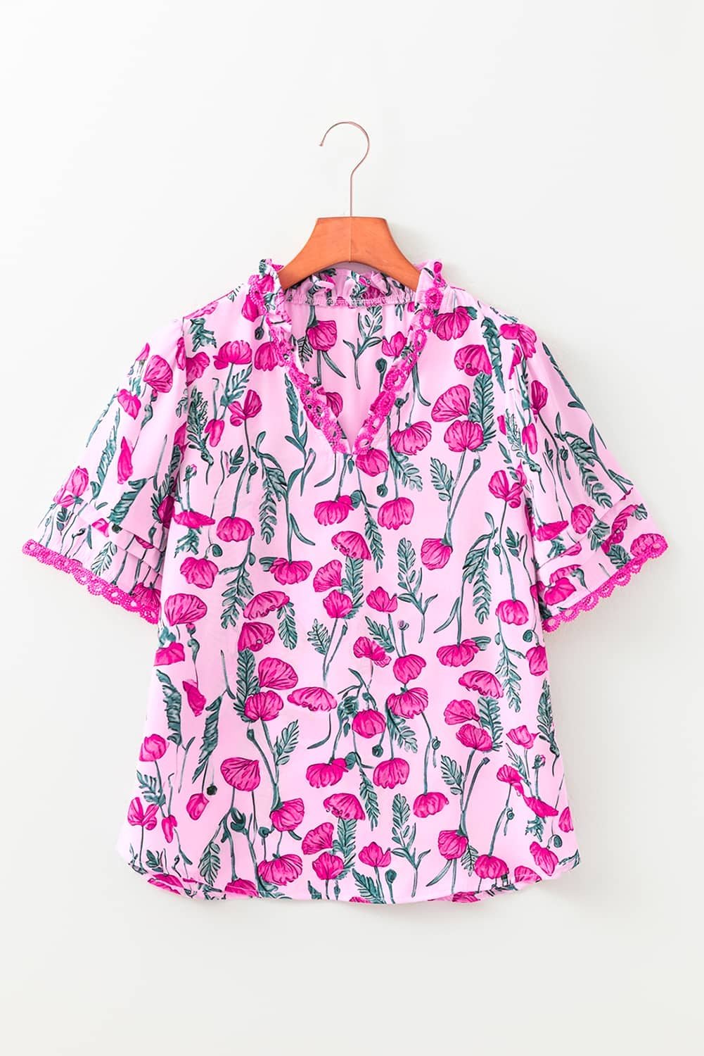 Pink Floral Lace Detail Frilled V Neck Summer Blouse