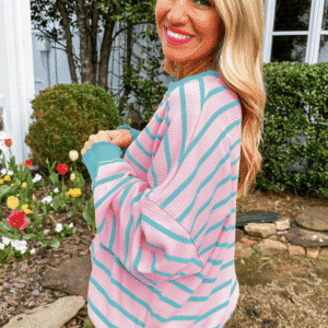 Pink Stripe Trimmed Round Neck Drop Shoulder Loose Sweater