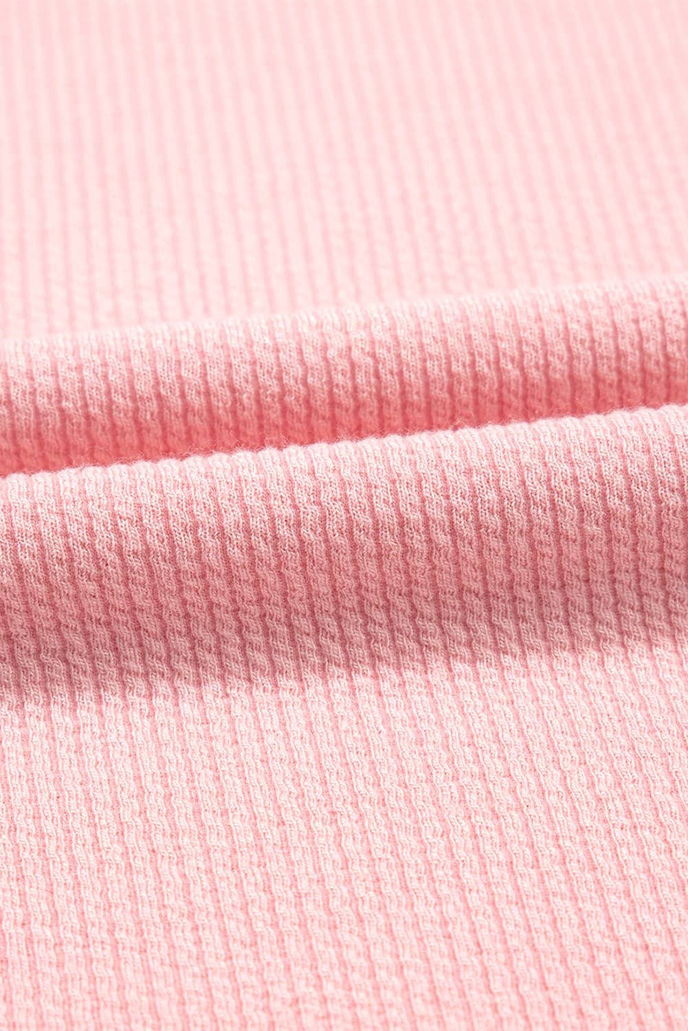 Light Pink Pearl Beaded Ruffle Short Sleeve Patchwork Ribbed Blouse