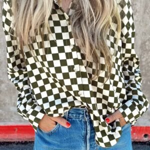 Green Checkerboard Printed Drop Shoulder Loose Casual Shirt