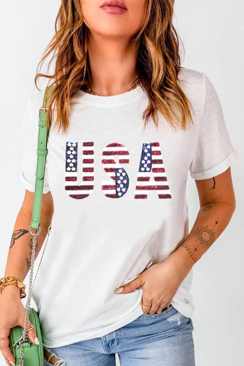 White Usa Flag Sequin Patched Round Neck T Shirt