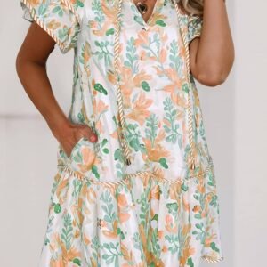 Orange Floral Contrast Edge Layered Short Sleeve Mini Dress