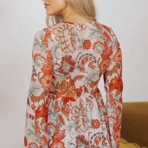 Orange Floral Print Deep V Neck Knot Bell Sleeve Blouse