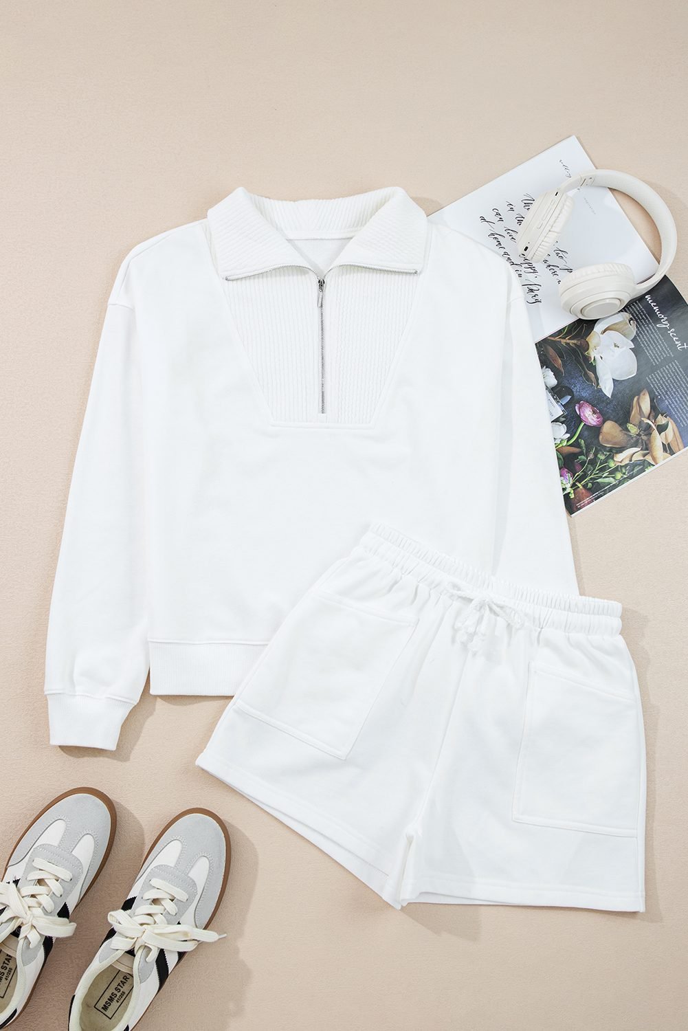 White Ribbed Collar Drop Shoulder Sweatshirt And Shorts Set