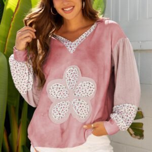 Pink Floral Patched Waffle Textured Colorblock V Neck Casual Hooded Top