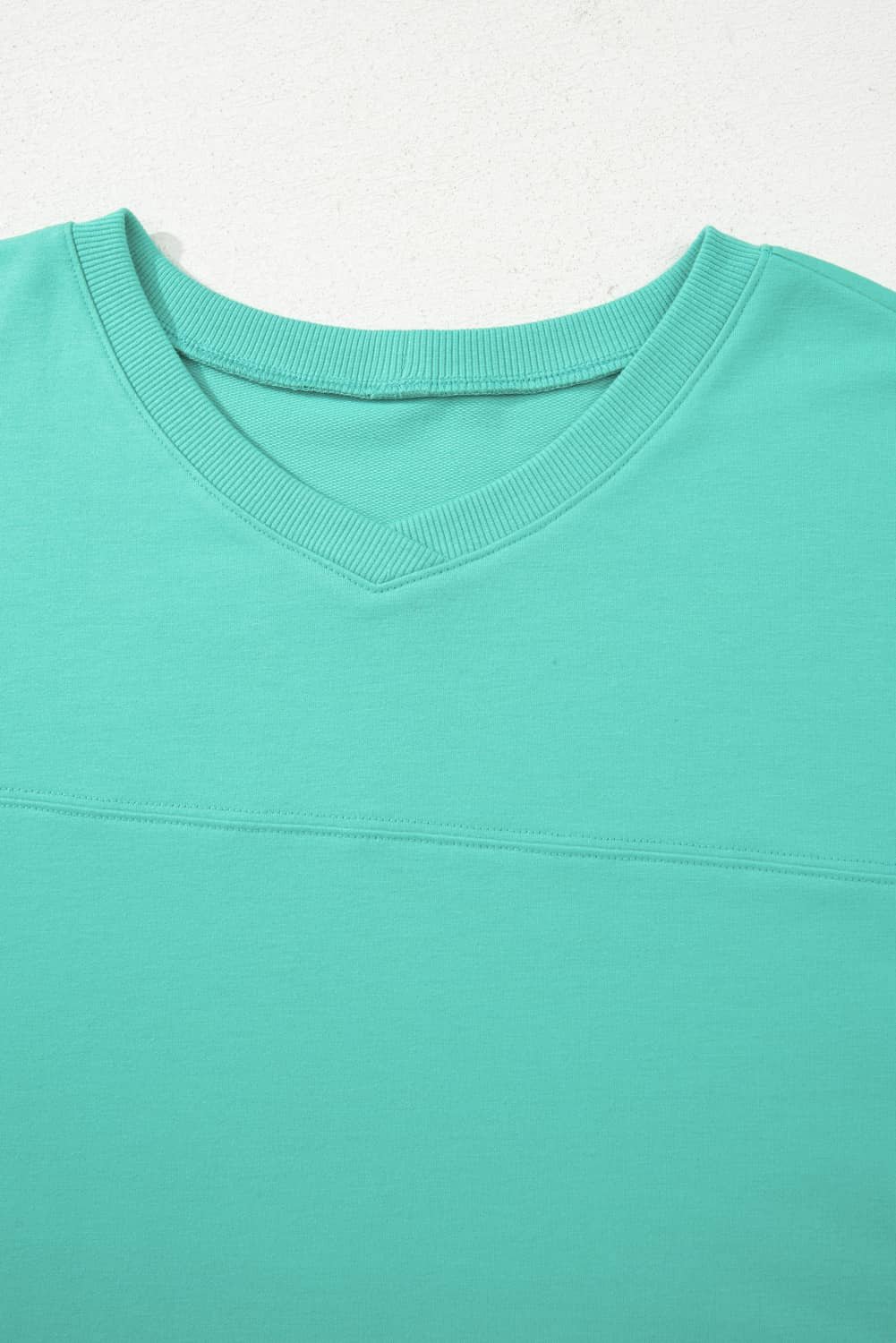 Sea Green Drop Shoulder V Neck Pullover Top And Drawstring Short Plus Size Set