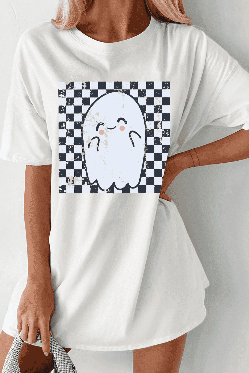 White Checkered Ghost Print Crew Neck Oversized T Shirt