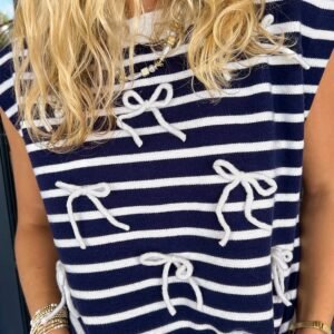 Blue Stripe Knitted Bow Decor Sweater Vest