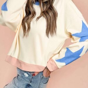 Beige Star Patchwork Exposed Seam Oversized Sweatshirt