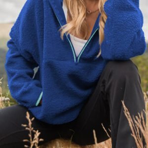 Sky Blue Sherpa Half Zip Contrast Trim Pullover Hoodie