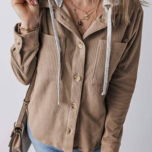 Pale Khaki Hooded Drawstring Pockets Corduroy Shacket