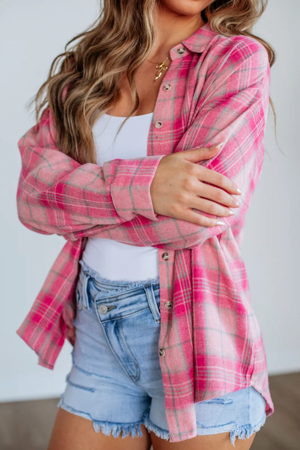 Sachet Pink Plaid Print Rounded Hem Long Sleeve Shirt With Pockets