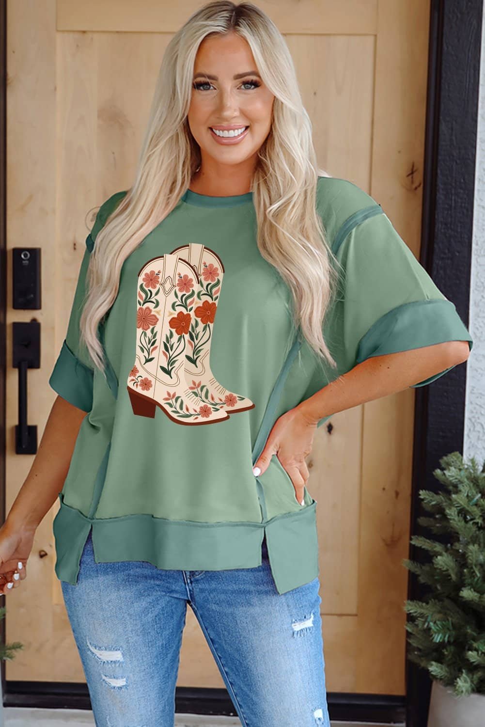 Smoke Green Floral Boots Printed Raw Seam Mix Texture Patchwork Tee