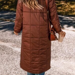 Coffee Quilted Puffer Stand Neck Zipped Mid-Length Coat