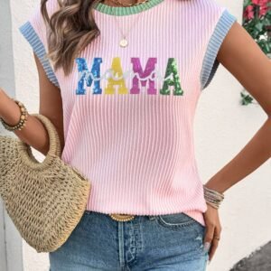 Pink Sequined Mama Graphic Corded Rib Knit Colorblock T Shirt