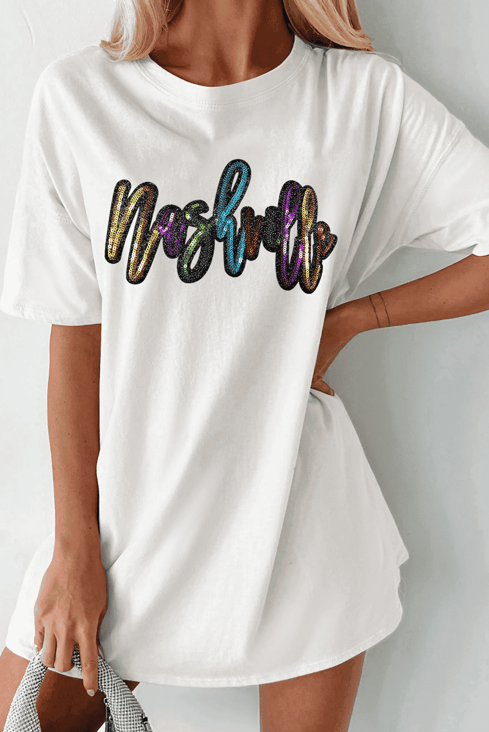 White Colorful Sequin Nashville Letter Graphic Tunic Tee