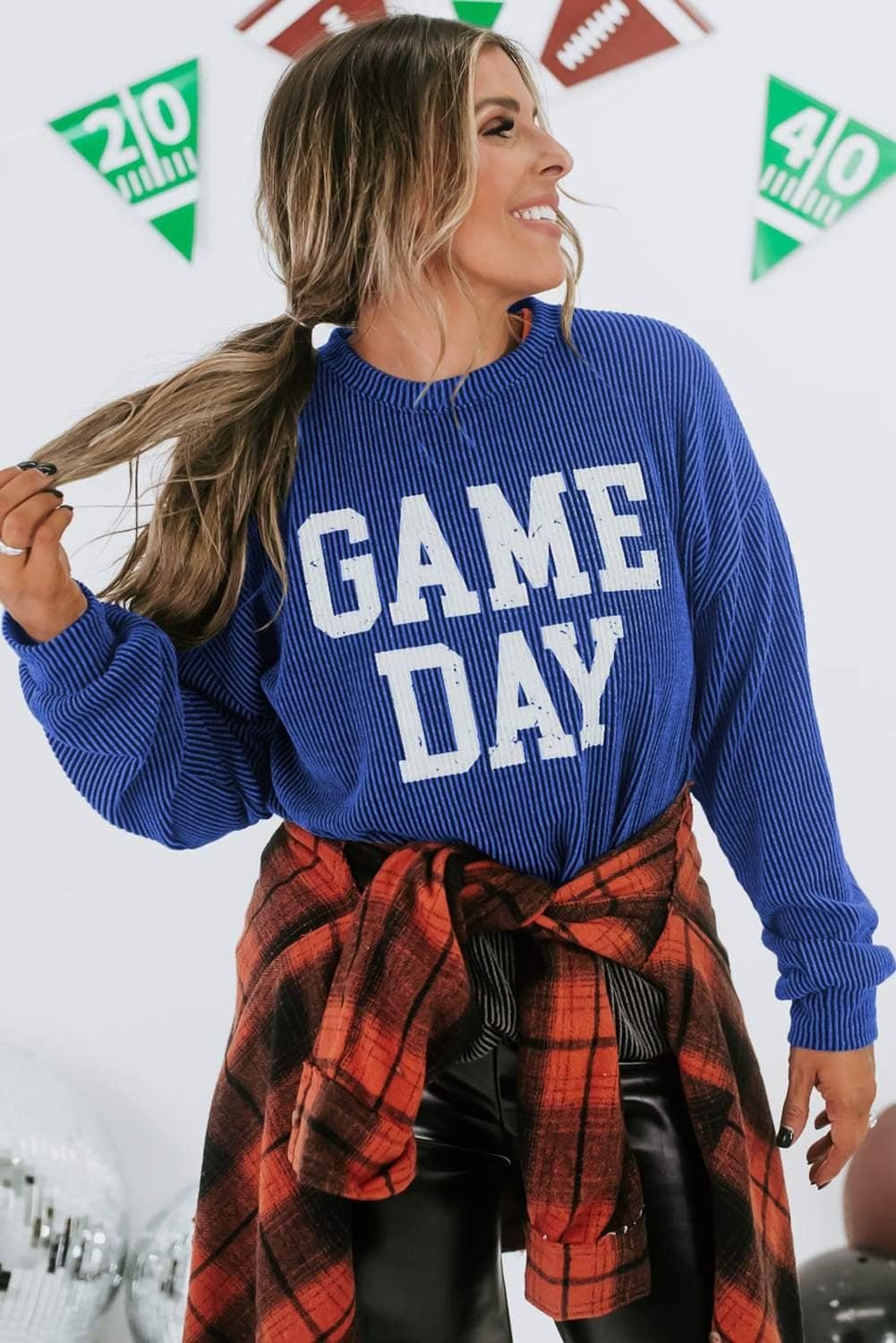 Bluing Corded Game Day Graphic Long Sleeve Crewneck Top