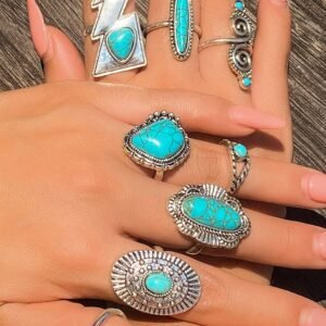 Silvery 8Pcs Turquoise Inlay Western Ring Set