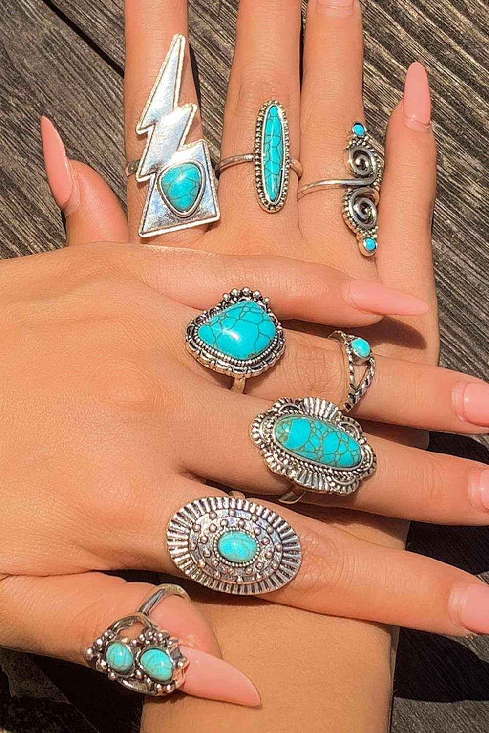 Silvery 8Pcs Turquoise Inlay Western Ring Set
