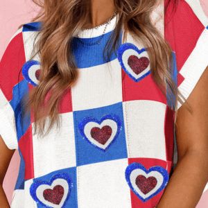 White Usa Flag Inspire Colorblock Plaid Sequin Heart Graphic Short Sleeve Sweater