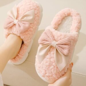 Pink Contrast Bowknot Applique Plush Winter Slippers
