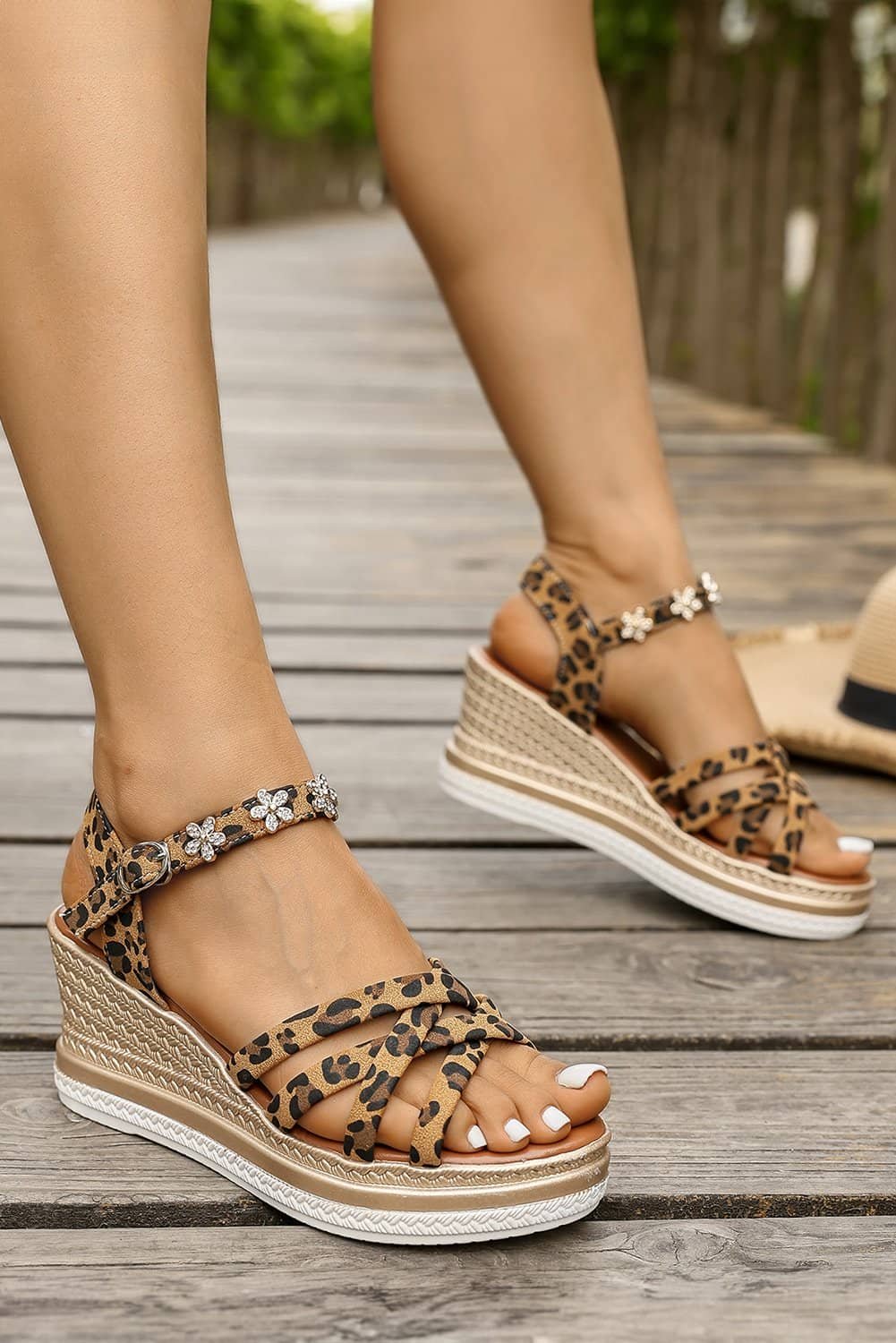 Chestnut Rhinestone Flower Decor Leopard Strappy Wedge Sandals