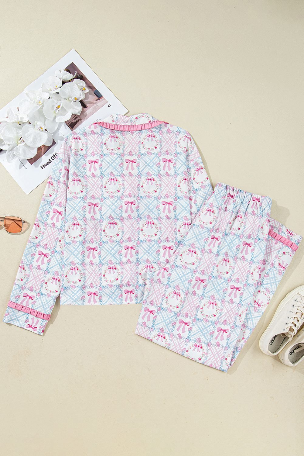 Pink Bow Wreath Pattern Christmas Holiday Tied Front Long Sleeve 2Pcs Pajama Set