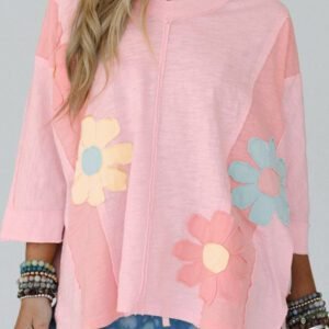 Pink Flower Patched Exposed Seam Bracelet Sleeve Oversized T Shirt